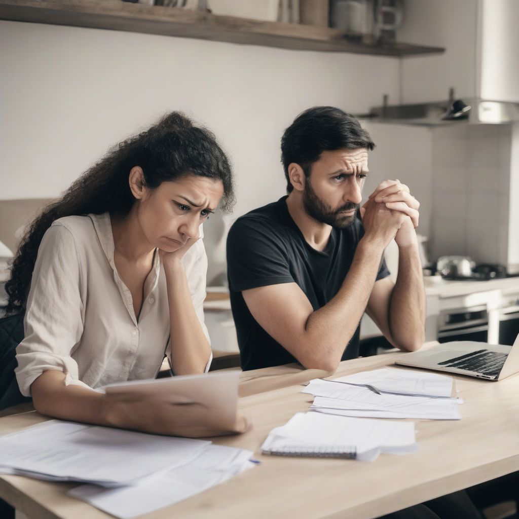 Worried couple reviewing finances at home